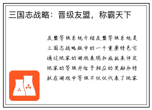 三国志战略：晋级友盟，称霸天下