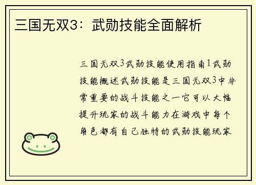 三国无双3：武勋技能全面解析